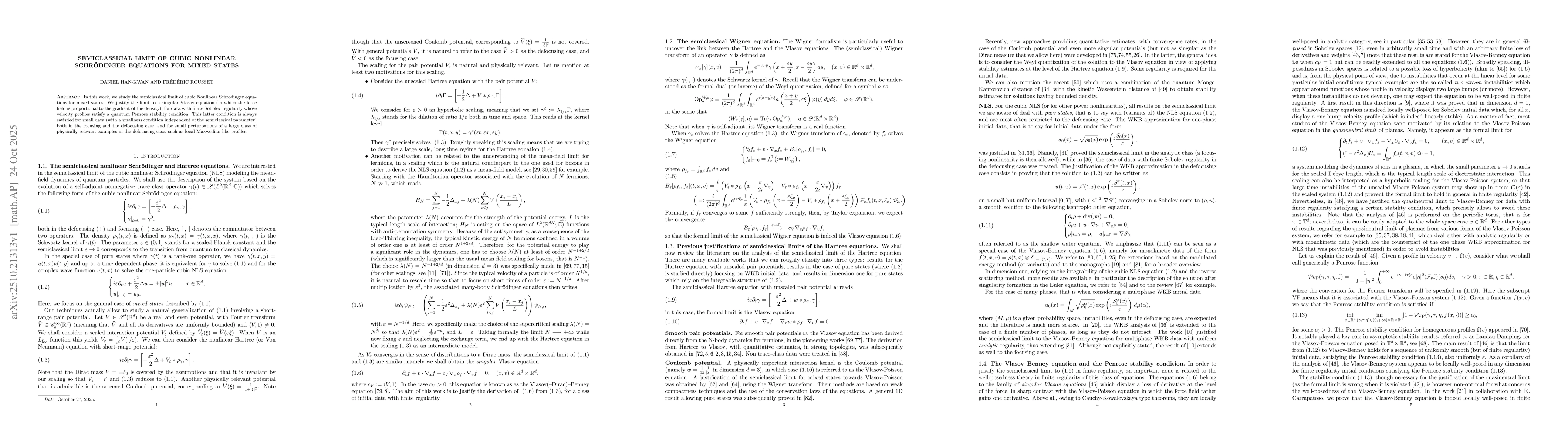 Thumbnail for Semiclassical limit of cubic nonlinear Schrödinger equations for mixed
  states