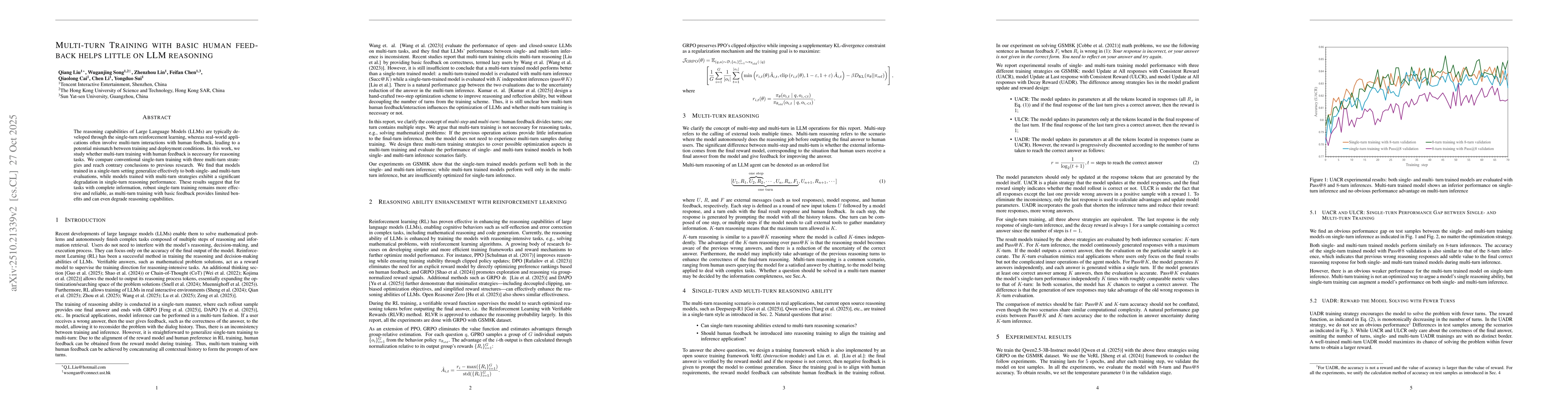 Thumbnail for Multi-turn Training with Basic Human Feedback Helps Little on LLM
  Reasoning