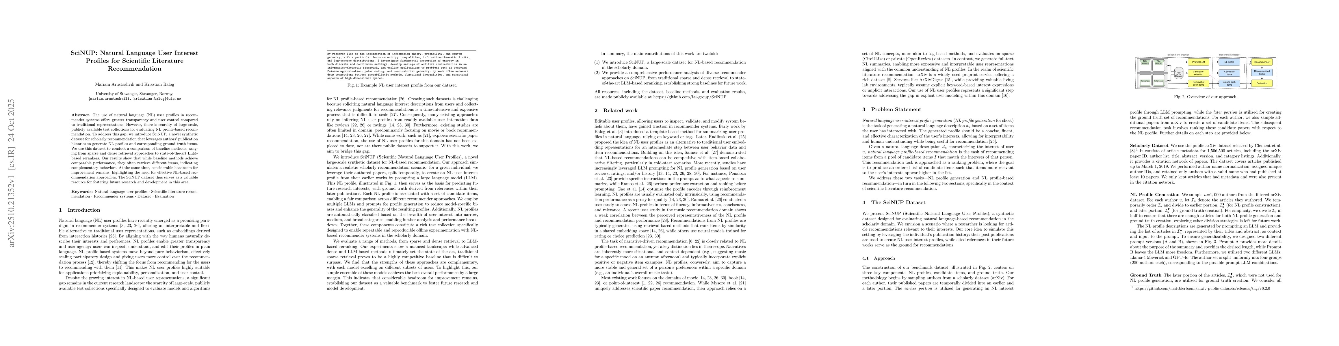 Thumbnail for SciNUP: Natural Language User Interest Profiles for Scientific
  Literature Recommendation