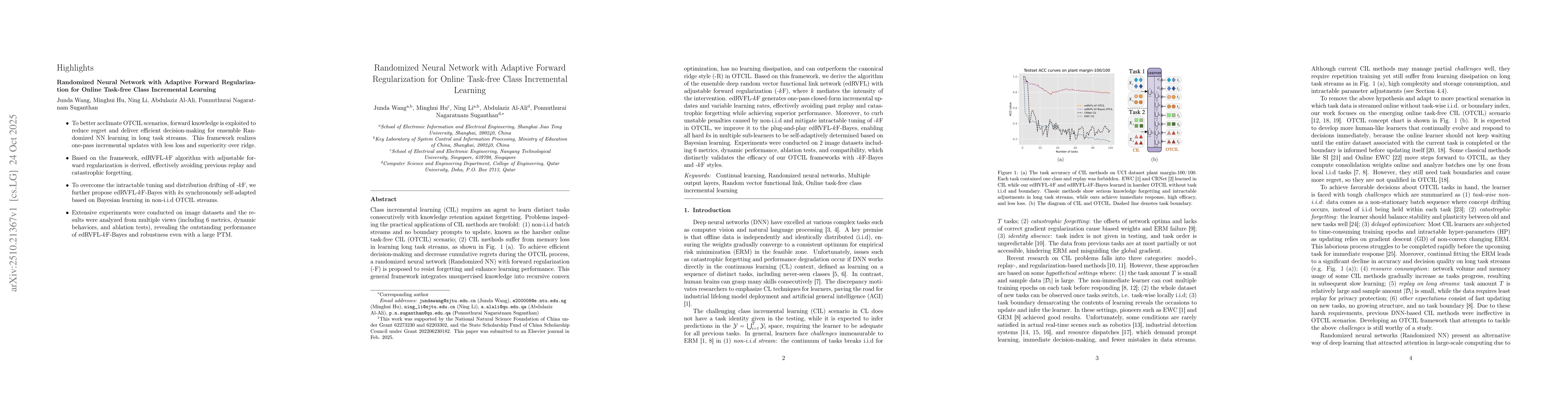 Thumbnail for Randomized Neural Network with Adaptive Forward Regularization for
  Online Task-free Class Incremental Learning