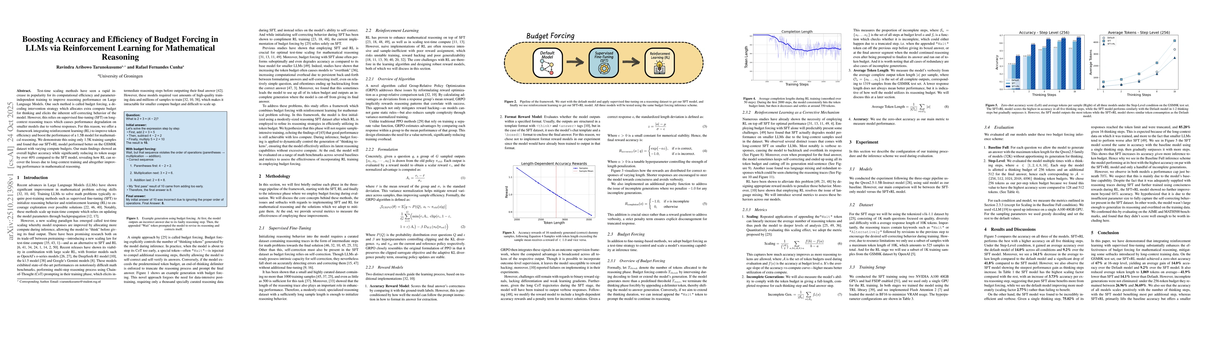 Thumbnail for Boosting Accuracy and Efficiency of Budget Forcing in LLMs via
  Reinforcement Learning for Mathematical Reasoning