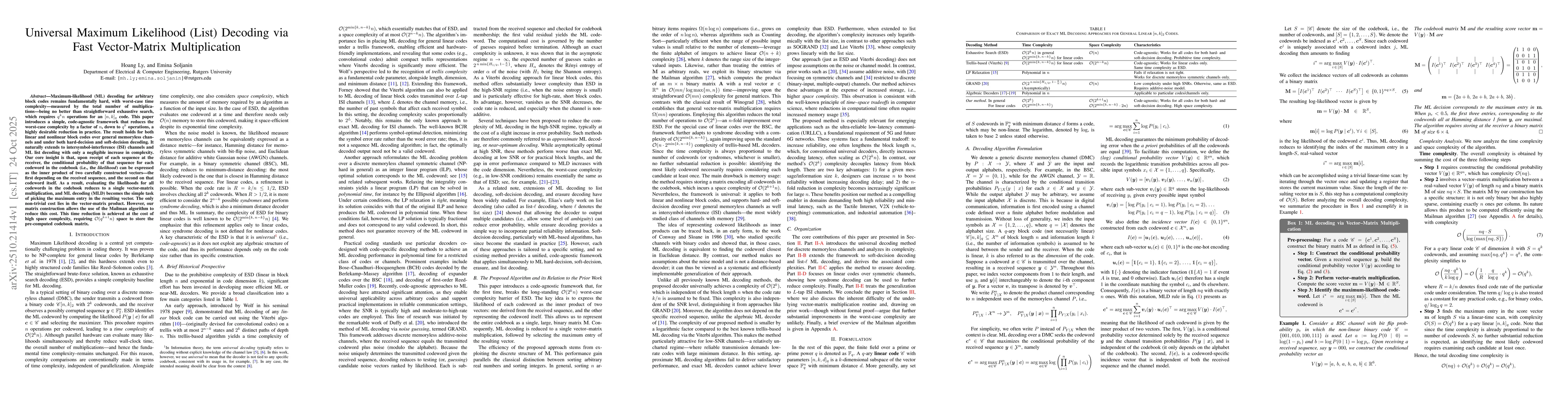 Thumbnail for Universal Maximum Likelihood (List) Decoding via Fast Vector-Matrix
  Multiplication