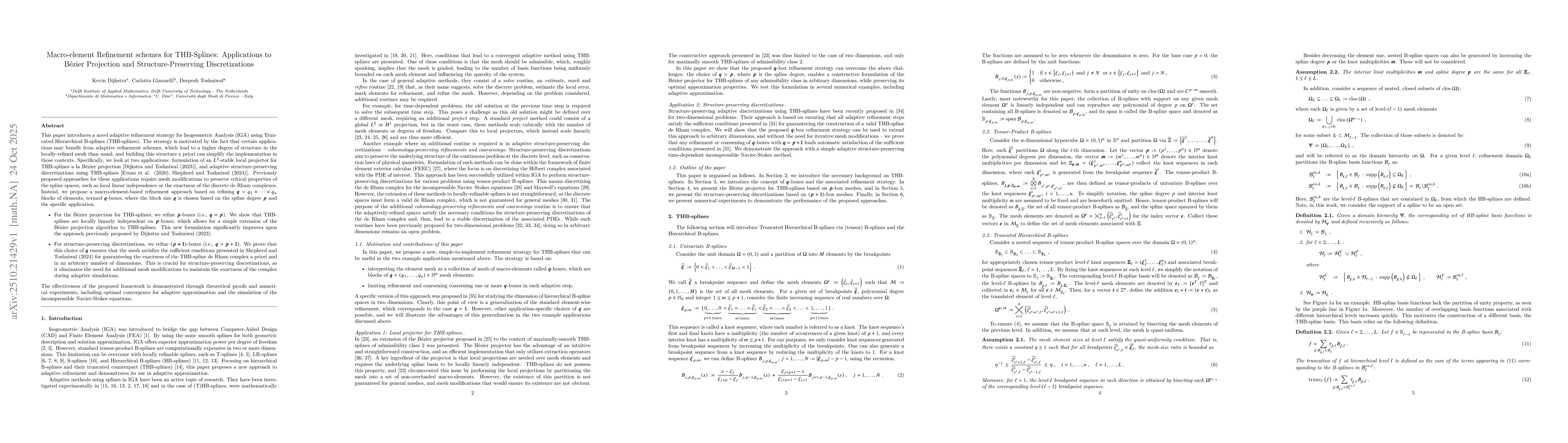 Thumbnail for Macro-element Refinement schemes for THB-Splines: Applications to
  Bézier Projection and Structure-Preserving Discretizations