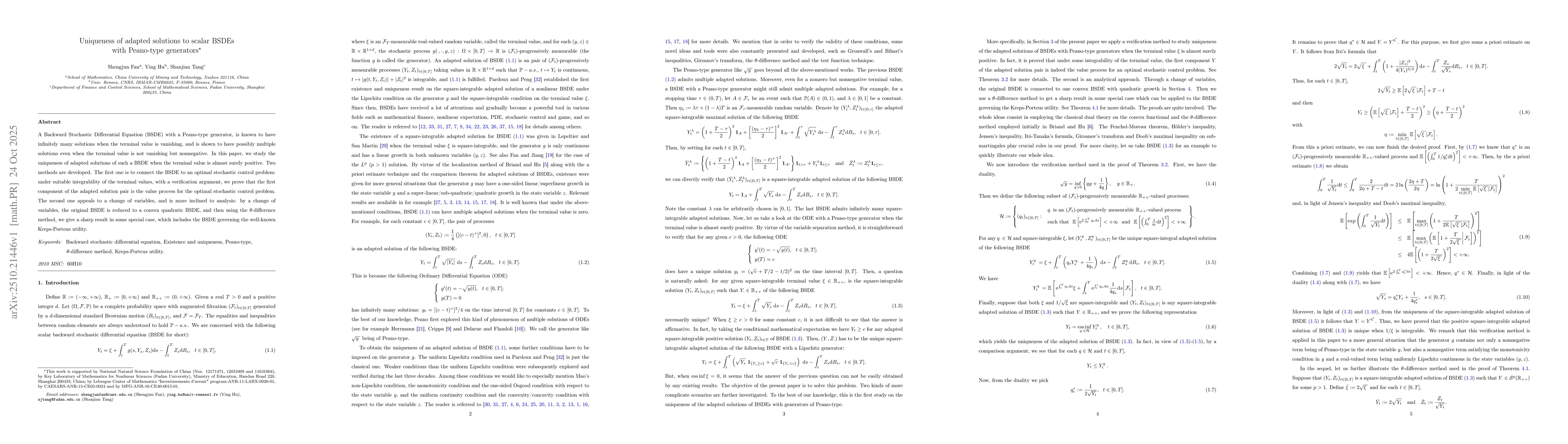 Thumbnail for Uniqueness of adapted solutions to scalar BSDEs with Peano-type
  generators
