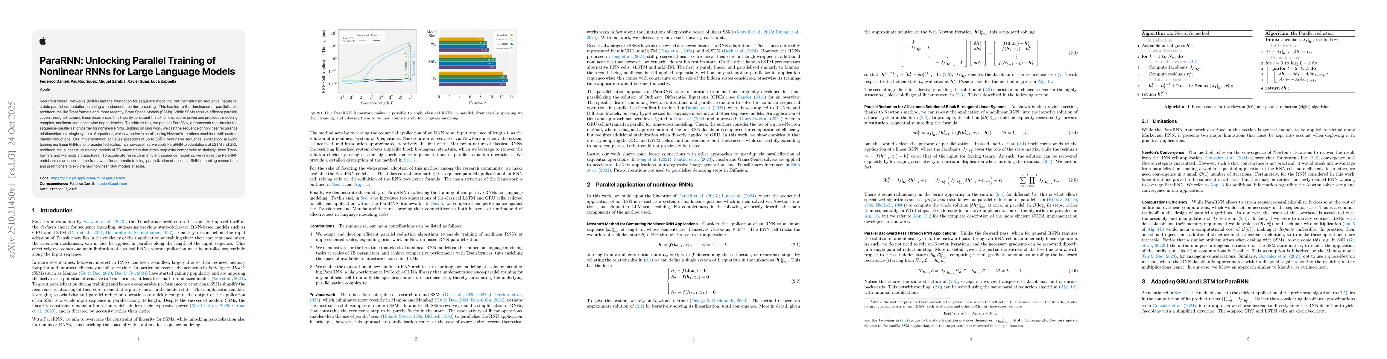 Thumbnail for ParaRNN: Unlocking Parallel Training of Nonlinear RNNs for Large
  Language Models