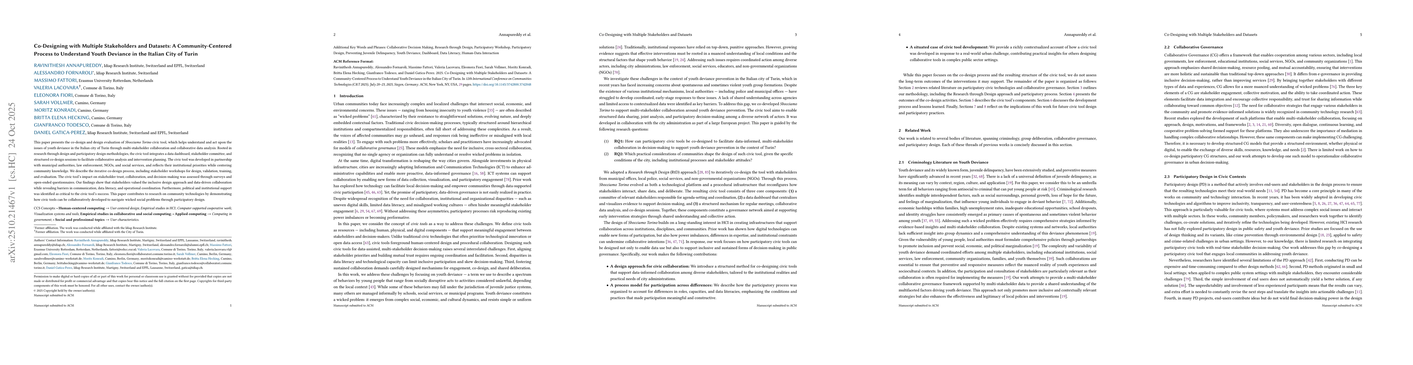 Thumbnail for Co-Designing with Multiple Stakeholders and Datasets: A
  Community-Centered Process to Understand Youth Deviance in the Italian City
  of Turin