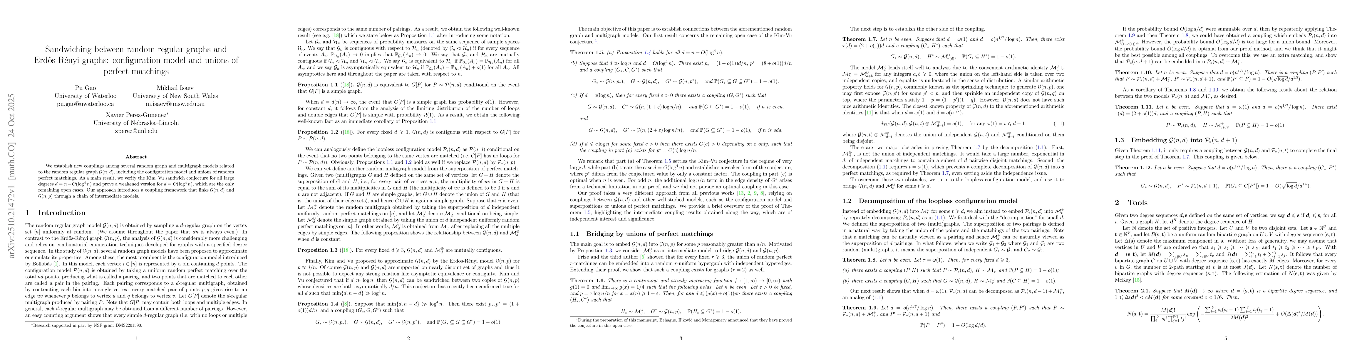Thumbnail for Sandwiching between random regular graphs and Erdős-Rényi graphs:
  configuration model and unions of perfect matchings