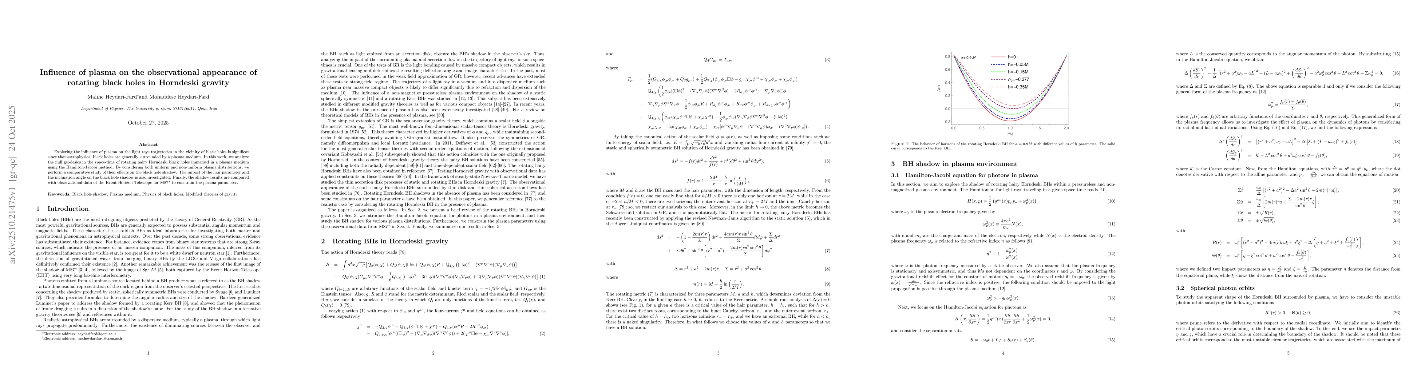 Thumbnail for Influence of plasma on the observational appearance of rotating black
  holes in Horndeski gravity
