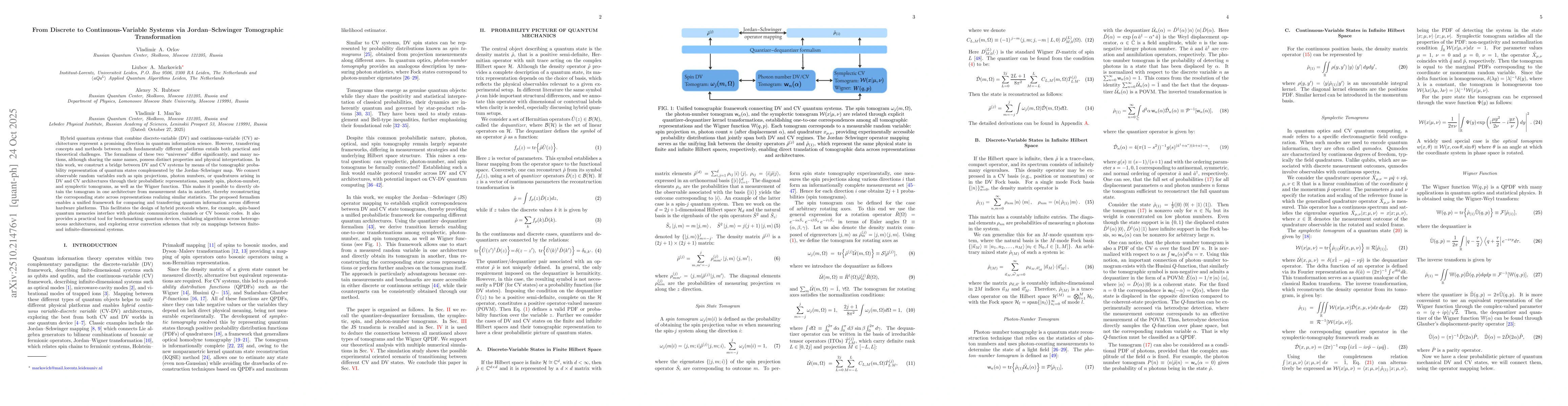 Thumbnail for From Discrete to Continuous-Variable Systems via Jordan-Schwinger
  Tomographic Transformation