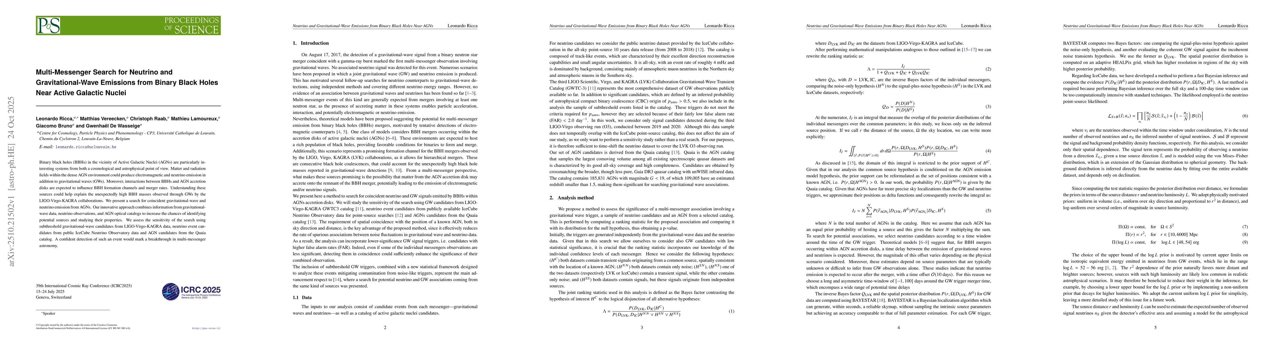 Thumbnail for Multi-Messenger Search for Neutrino and Gravitational-Wave Emissions
  from Binary Black Holes Near Active Galactic Nuclei