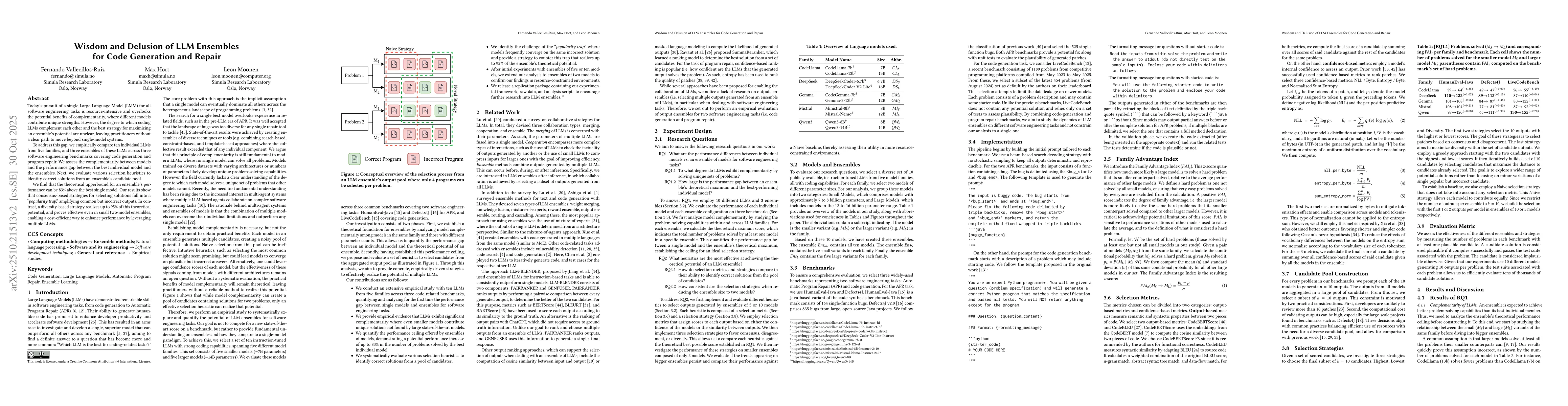 Thumbnail for Wisdom and Delusion of LLM Ensembles for Code Generation and Repair