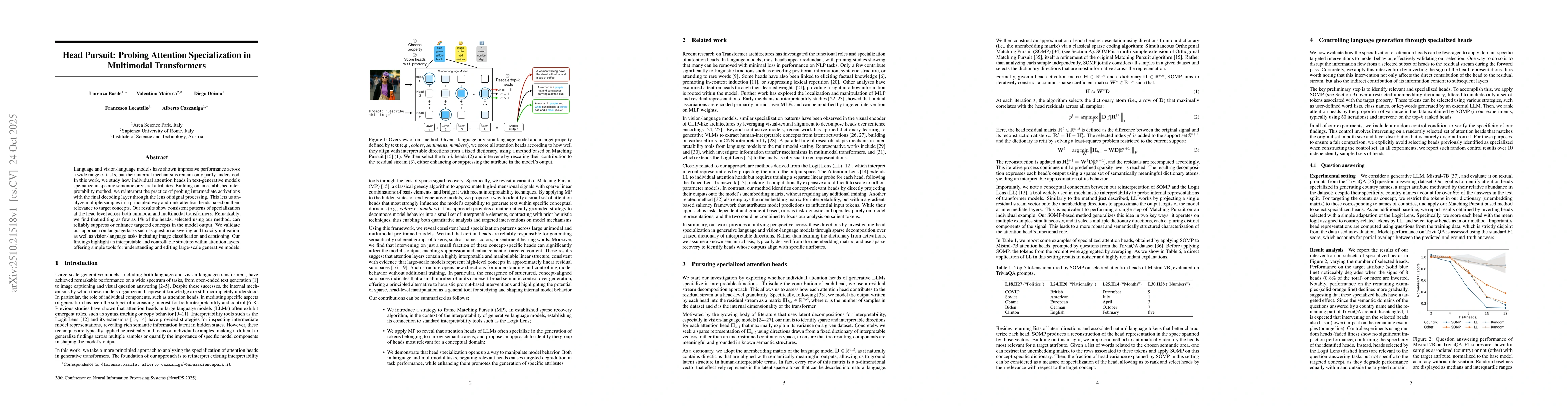 Thumbnail for Head Pursuit: Probing Attention Specialization in Multimodal
  Transformers