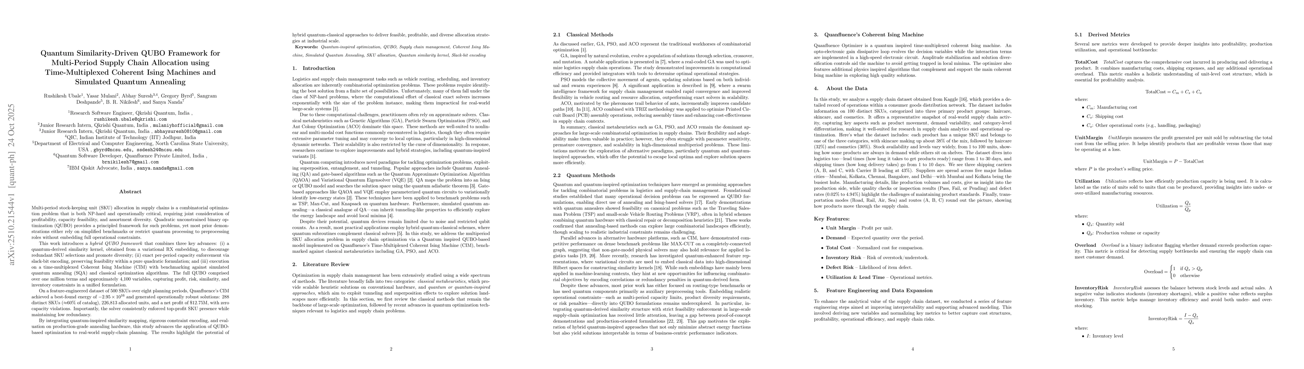 Thumbnail for Quantum Similarity-Driven QUBO Framework for Multi-Period Supply Chain
  Allocation using Time-Multiplexed Coherent Ising Machines and Simulated
  Quantum Annealing