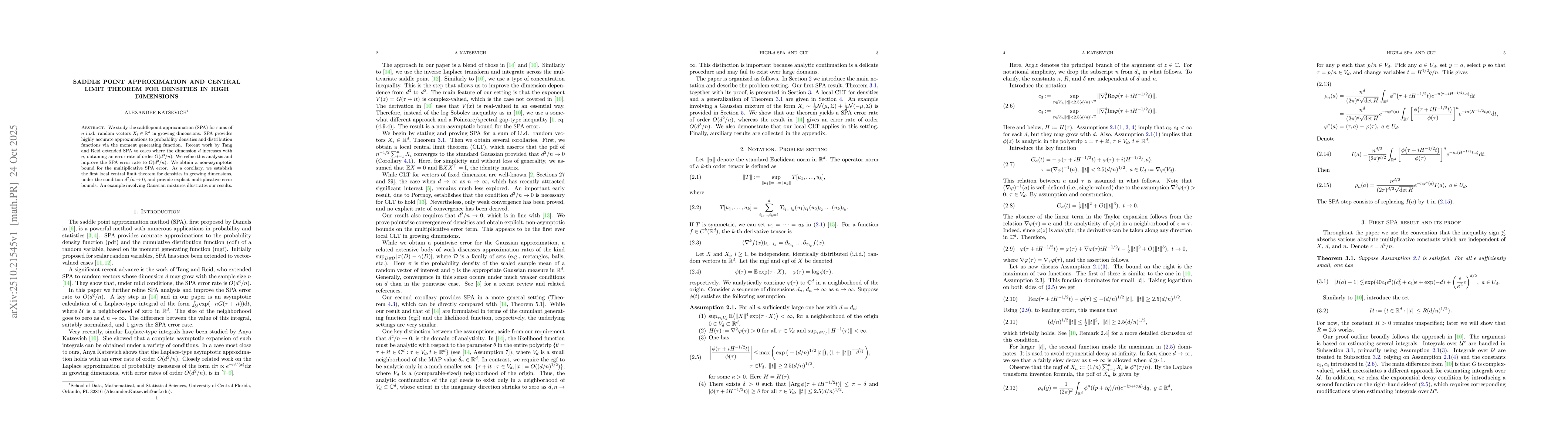 Thumbnail for Saddle Point Approximation and Central Limit Theorem for Densities in
  high dimensions