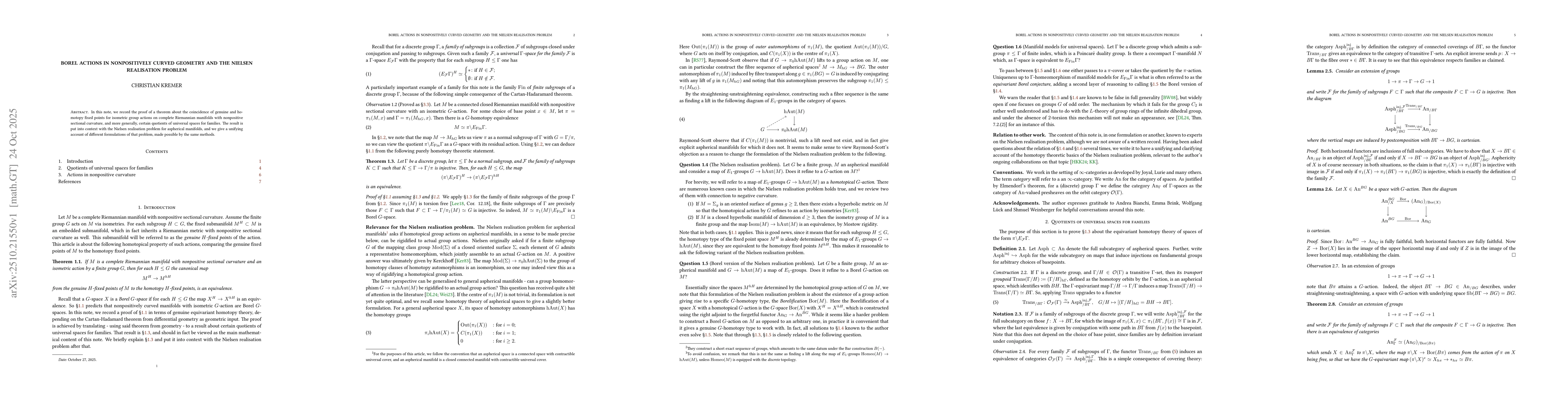 Thumbnail for Borel actions in nonpositively curved geometry and the Nielsen
  realisation problem