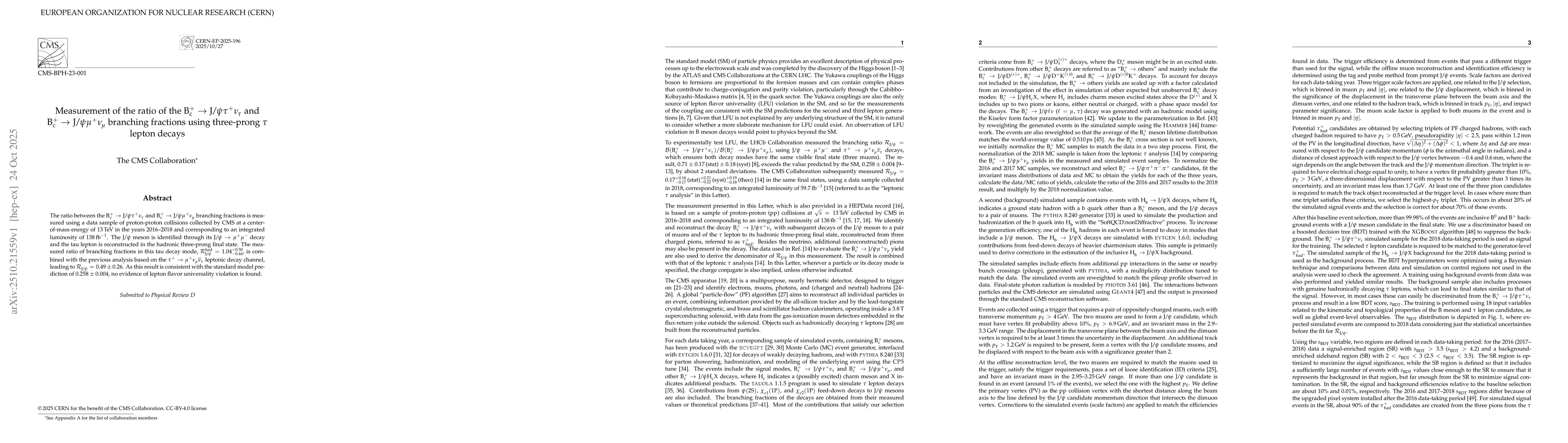 Thumbnail for Measurement of the ratio of the B$_\mathrm{c}^+$ $\to$
  J/$ψ$$τ^+ν_τ$ and B$_\mathrm{c}^+$ $\to$ J/$ψ$ $μ^+ν_μ$
  branching fractions using three-prong $τ$ lepton decays