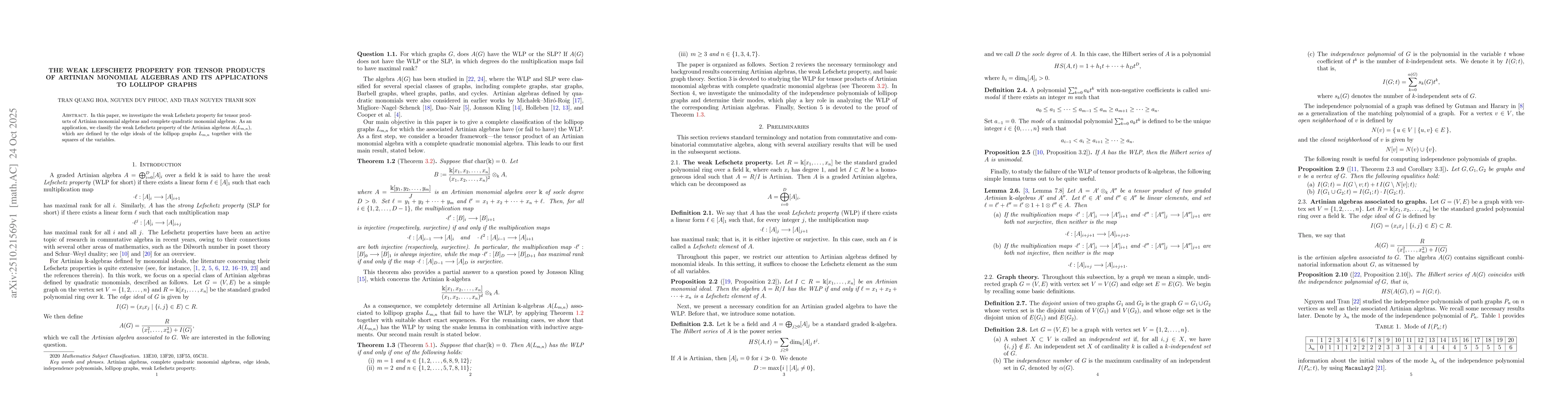 Thumbnail for The Weak Lefschetz Property for Tensor Products of Artinian Monomial
  Algebras and Its Applications to Lollipop Graphs