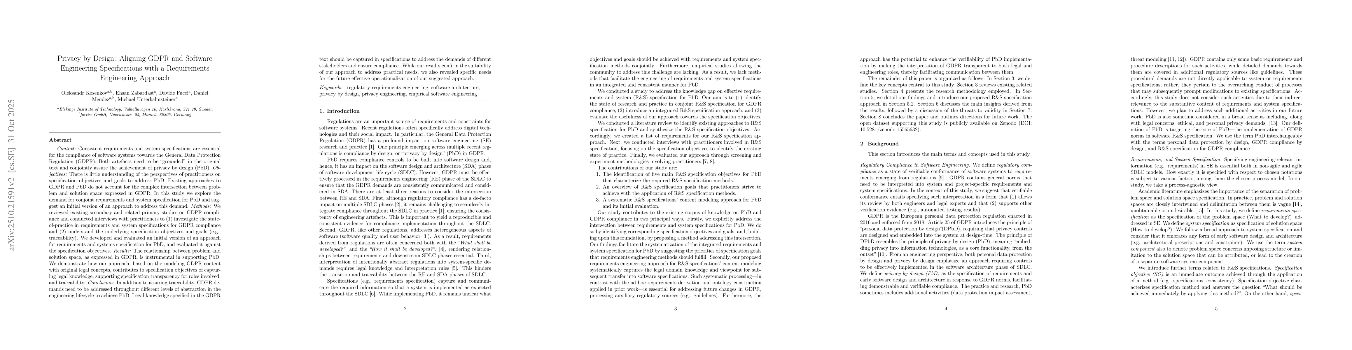 Thumbnail for Privacy by Design: Aligning GDPR and Software Engineering Specifications
  with a Requirements Engineering Approach