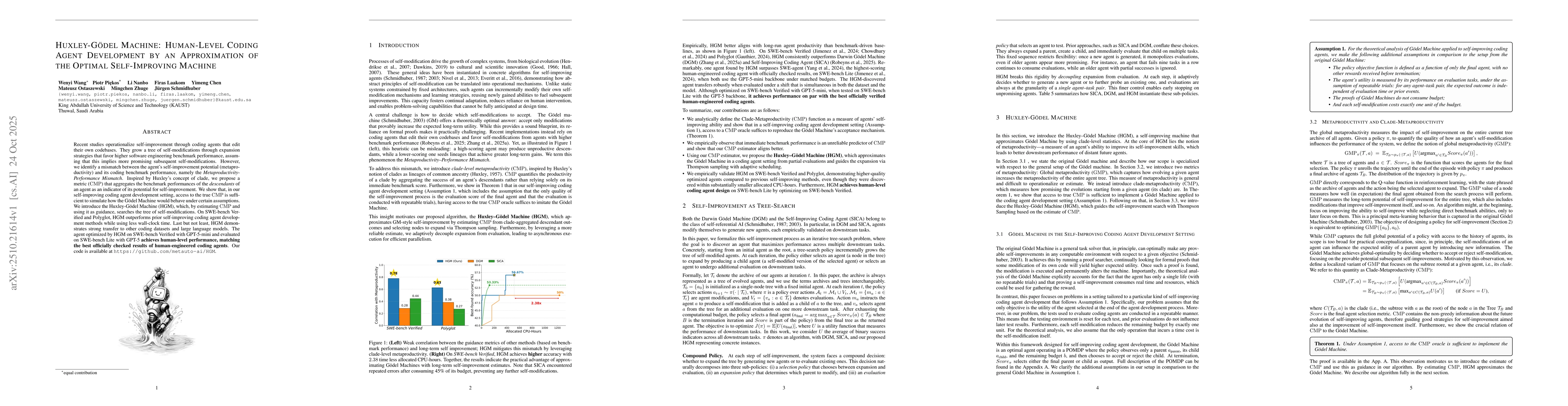 Thumbnail for Huxley-Gödel Machine: Human-Level Coding Agent Development by an
  Approximation of the Optimal Self-Improving Machine