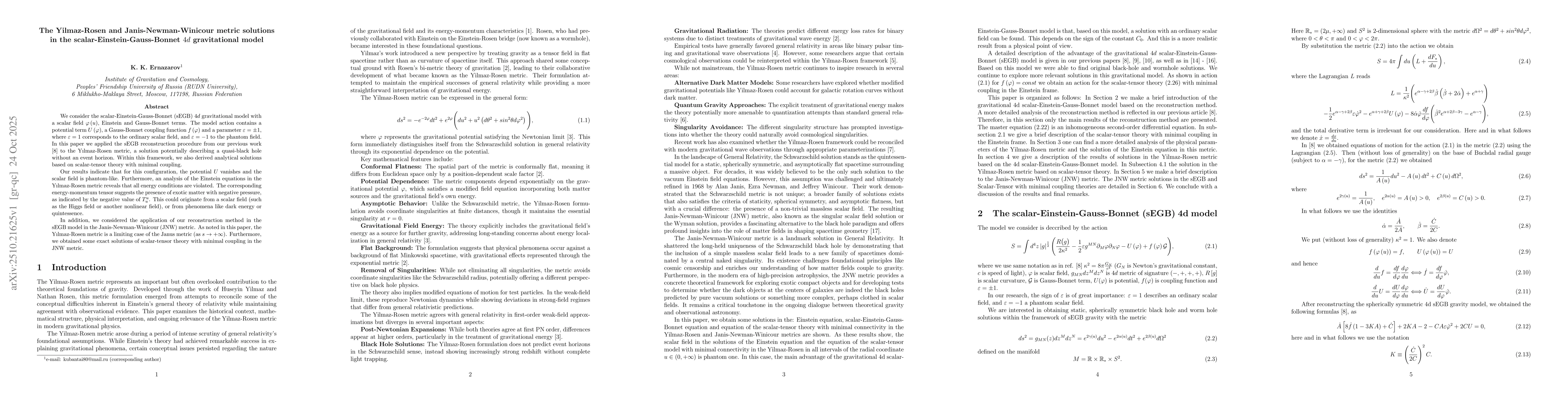 Thumbnail for The Yilmaz-Rosen and Janis-Newman-Winicour metric solutions in the
  scalar-Einstein-Gauss-Bonnet $4d$ gravitational model