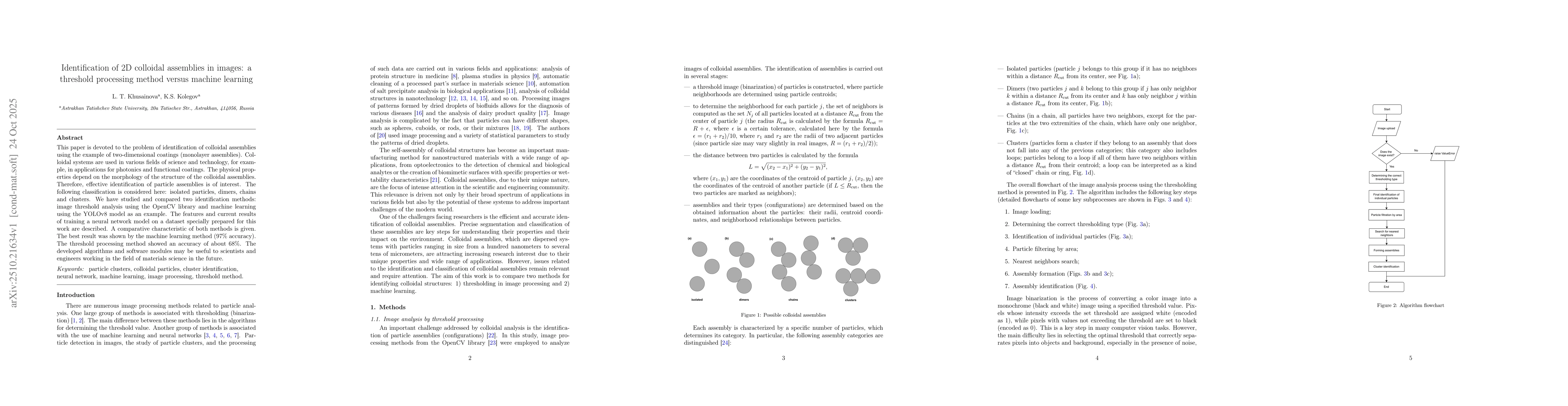 Thumbnail for Identification of 2D colloidal assemblies in images: a threshold
  processing method versus machine learning