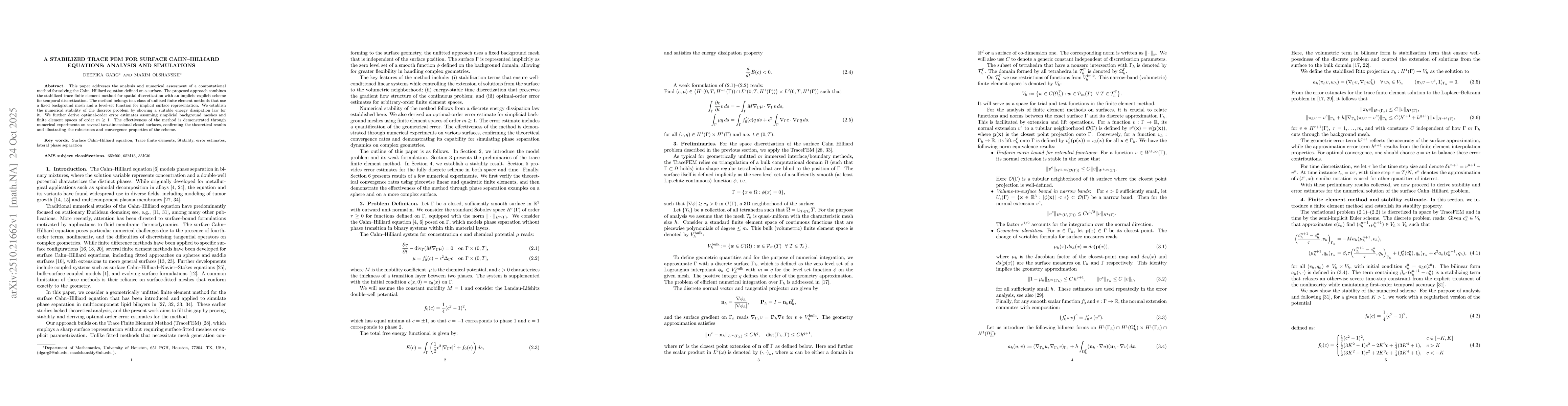 Thumbnail for A Stabilized Trace FEM for Surface Cahn--Hilliard Equations: Analysis
  and Simulations