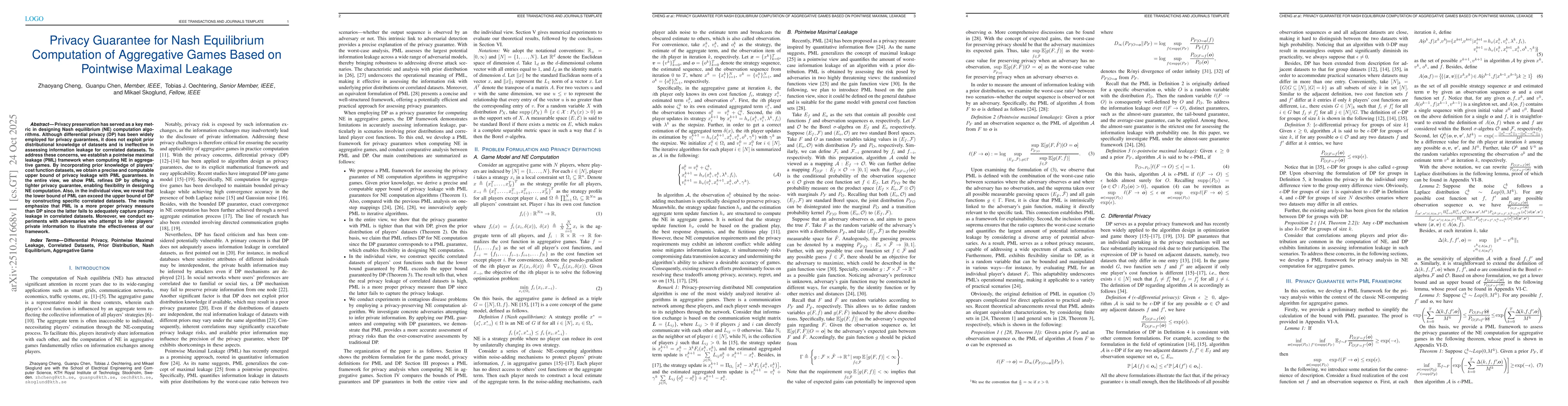 Thumbnail for Privacy Guarantee for Nash Equilibrium Computation of Aggregative Games
  Based on Pointwise Maximal Leakage