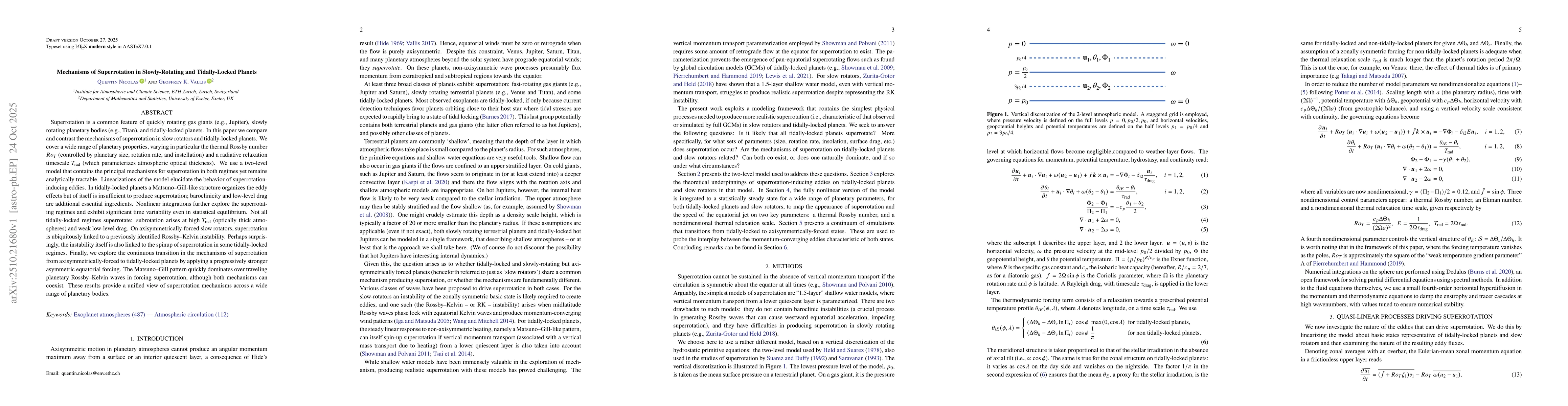Thumbnail for Mechanisms of Superrotation in Slowly-Rotating and Tidally-Locked
  Planets