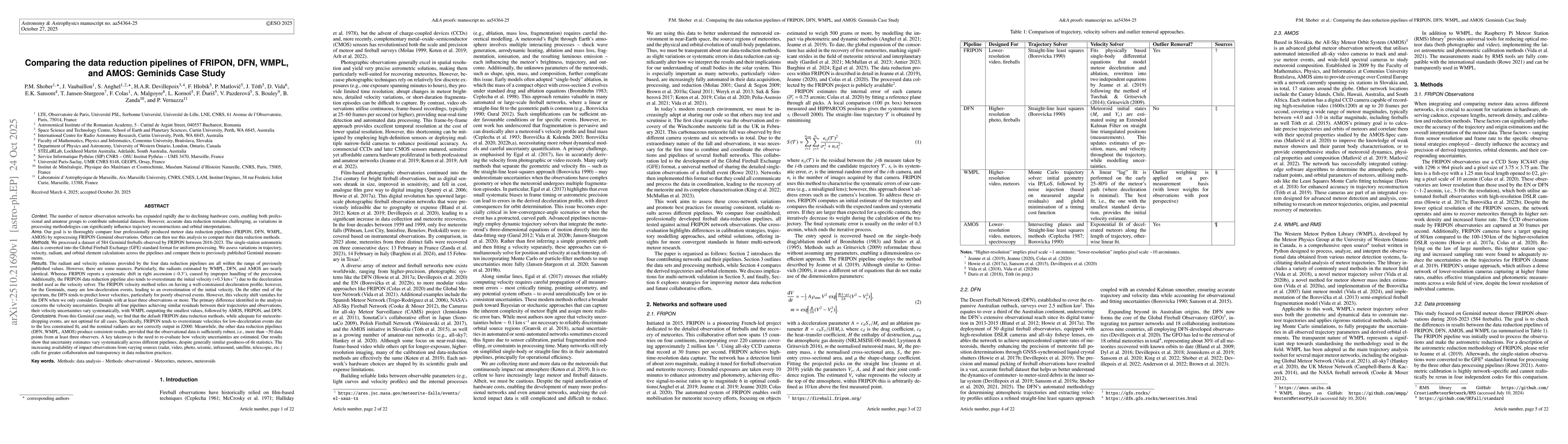 Thumbnail for Comparing the data reduction pipelines of FRIPON, DFN, WMPL, and AMOS:
  Geminids Case Study
