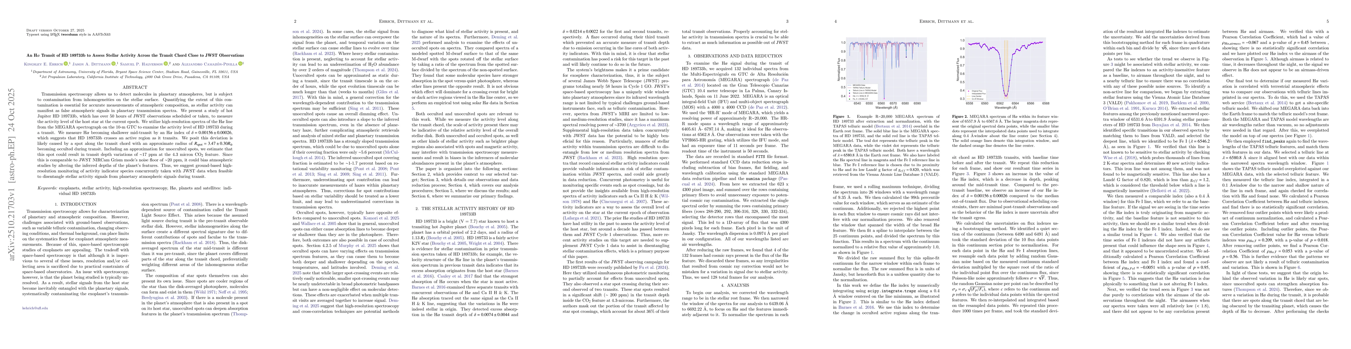 Thumbnail for An Hα Transit of HD 189733b to Assess Stellar Activity Across the
  Transit Chord Close to JWST Observations