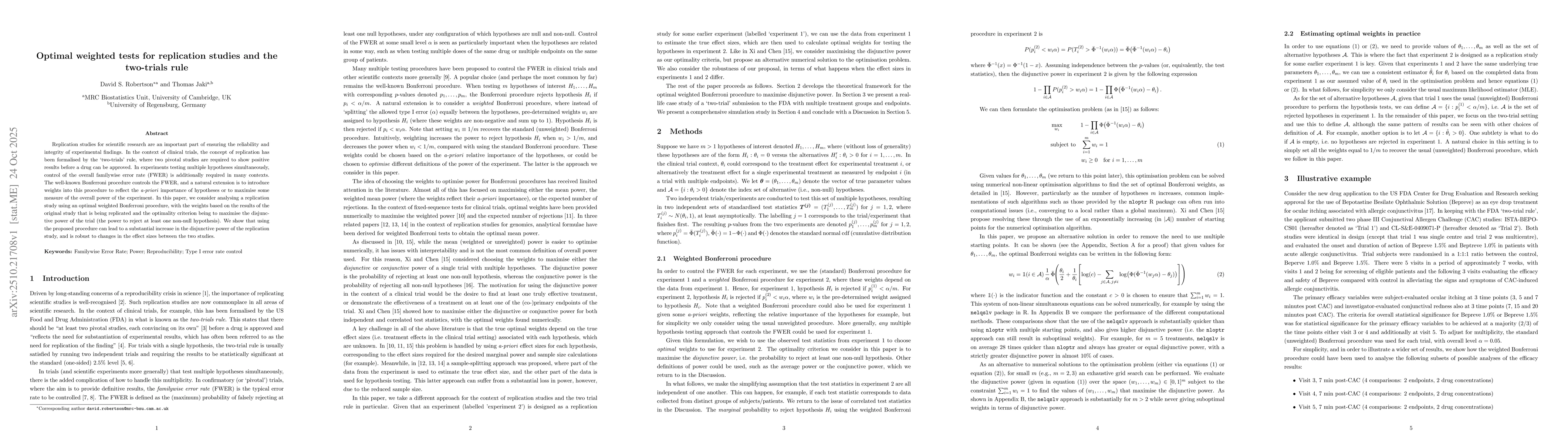 Thumbnail for Optimal weighted tests for replication studies and the two-trials rule