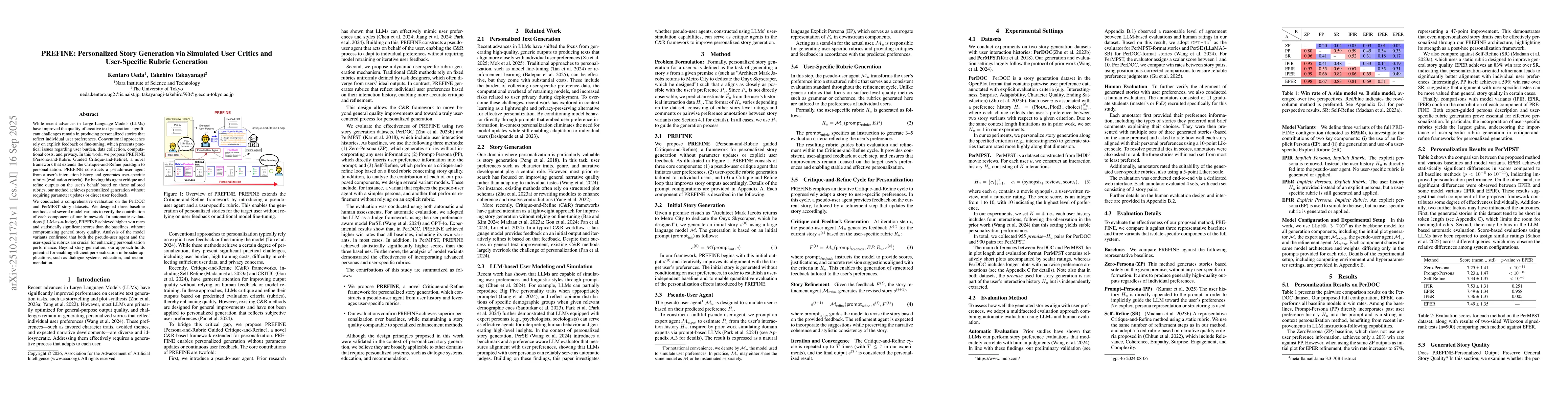 Thumbnail for PREFINE: Personalized Story Generation via Simulated User Critics and
  User-Specific Rubric Generation