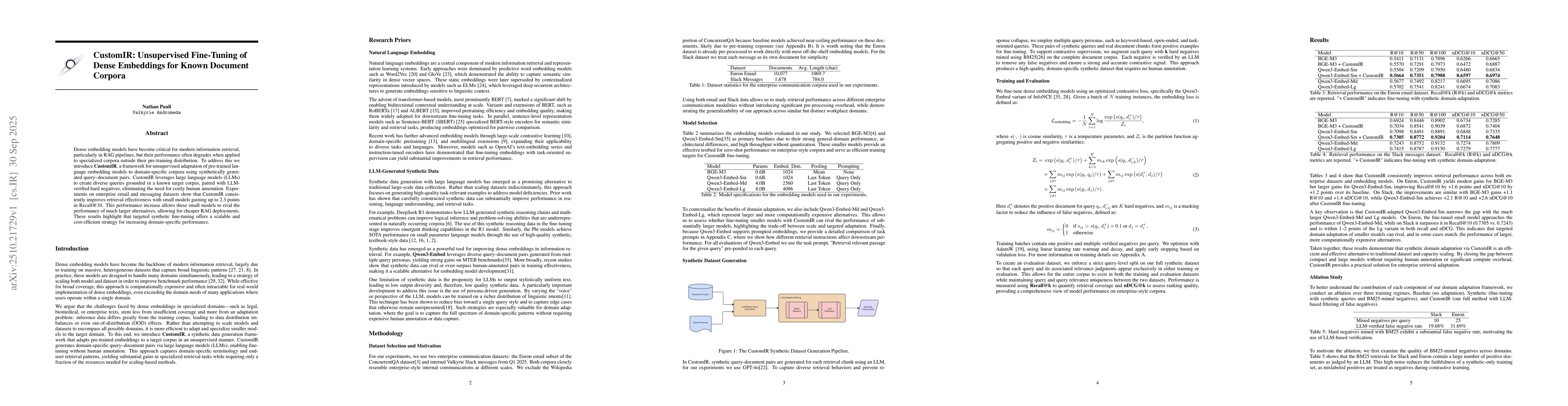 Thumbnail for CustomIR: Unsupervised Fine-Tuning of Dense Embeddings for Known
  Document Corpora