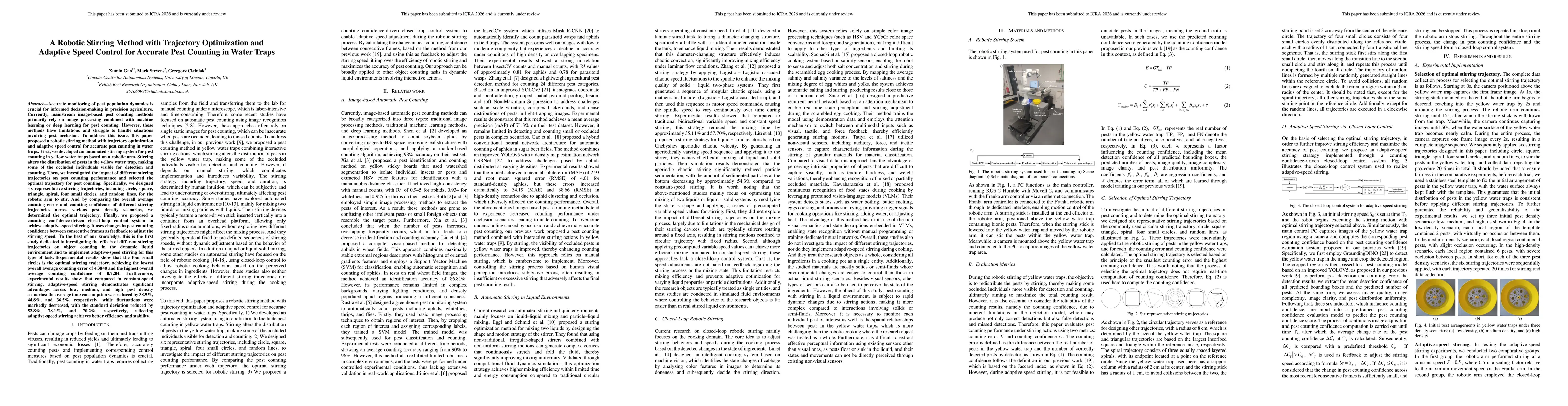 Thumbnail for A Robotic Stirring Method with Trajectory Optimization and Adaptive
  Speed Control for Accurate Pest Counting in Water Traps
