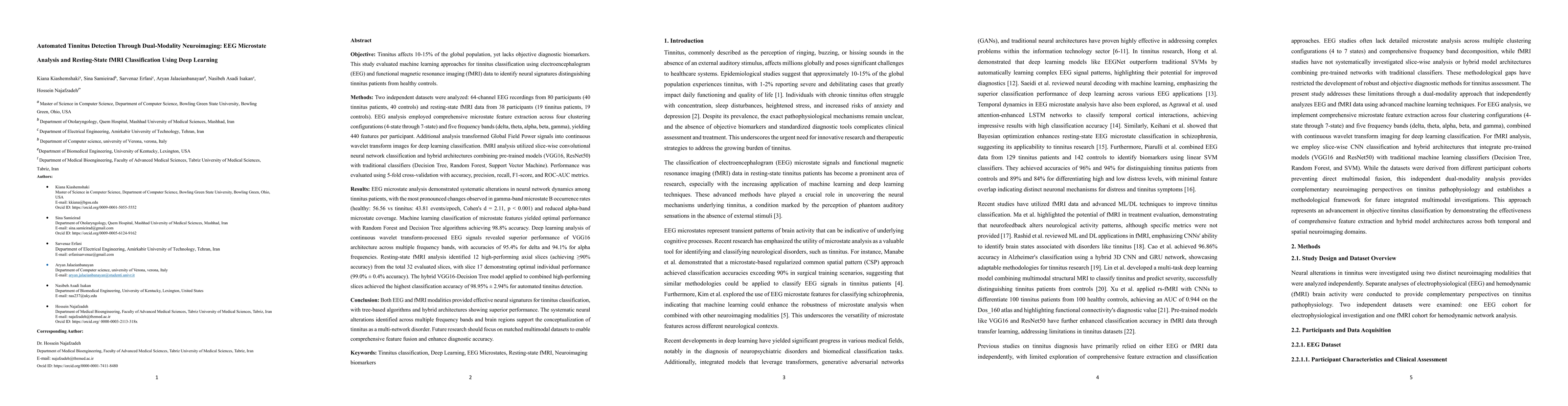 Thumbnail for Automated Tinnitus Detection Through Dual-Modality Neuroimaging: EEG
  Microstate Analysis and Resting-State fMRI Classification Using Deep Learning