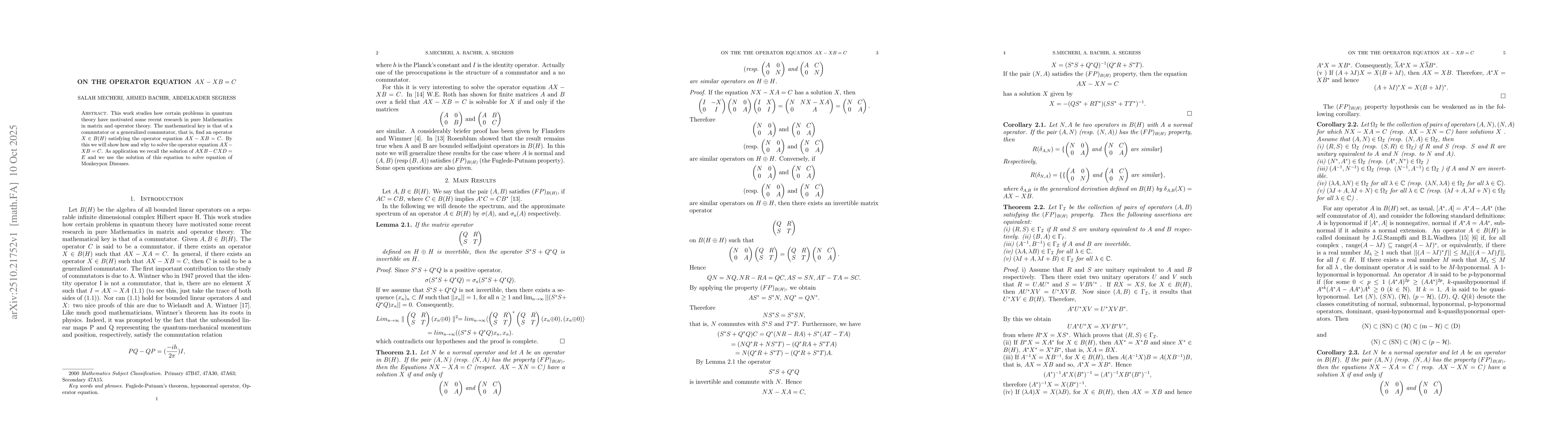 Thumbnail for On the operator equation AX-XB=C