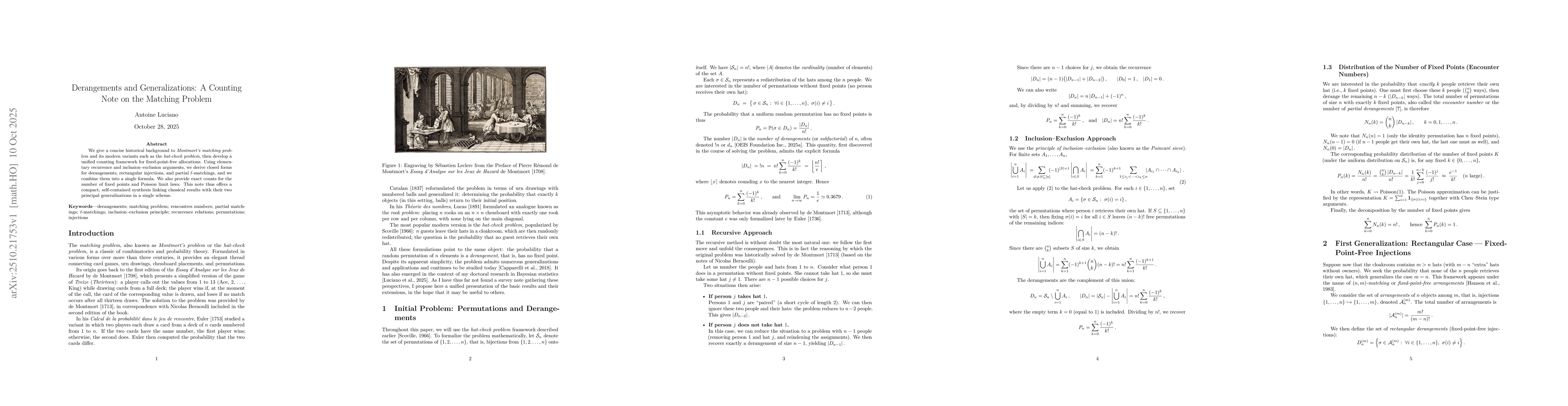 Thumbnail for Derangements and Generalizations: A Counting Note on the Matching
  Problem