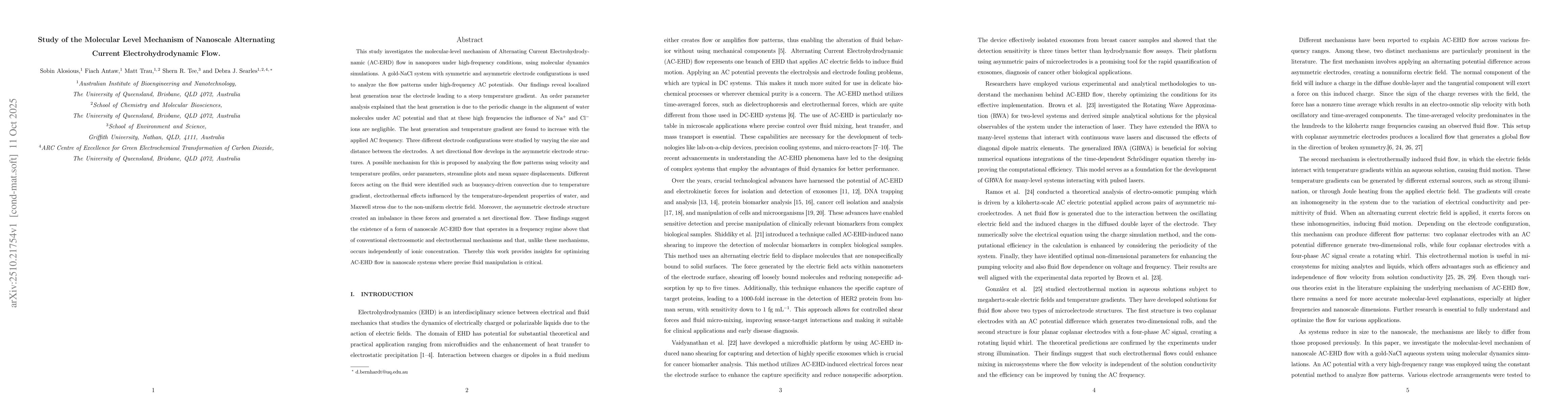 Thumbnail for Study of the Molecular Level Mechanism of Nanoscale Alternating Current
  Electrohydrodynamic Flow