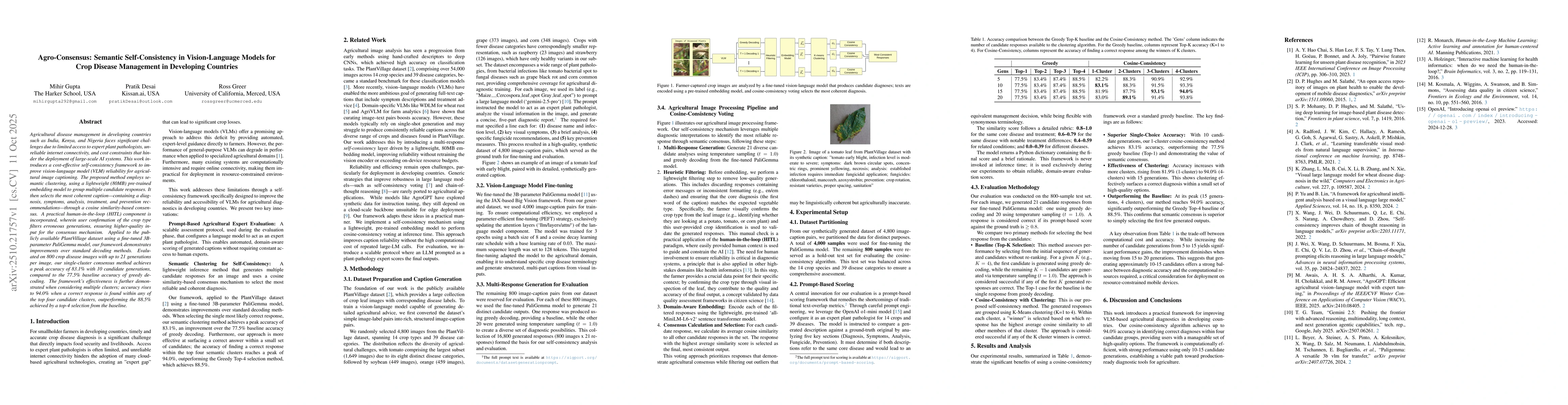 Thumbnail for Agro-Consensus: Semantic Self-Consistency in Vision-Language Models for
  Crop Disease Management in Developing Countries