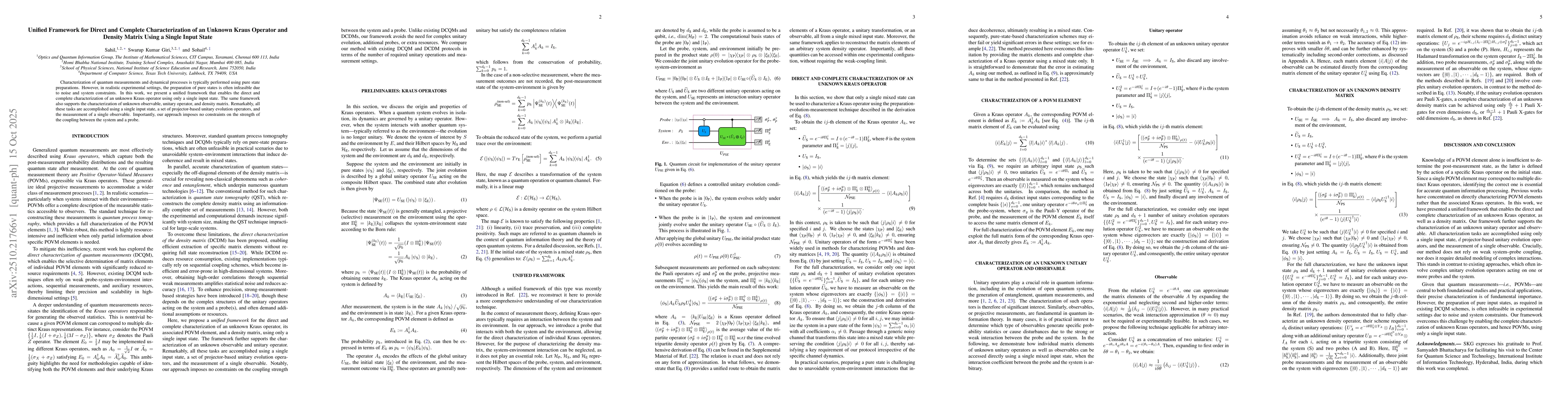 Thumbnail for Unified Framework for Direct and Complete Characterization of an Unknown
  Kraus Operator and Density Matrix Using a Single Input State