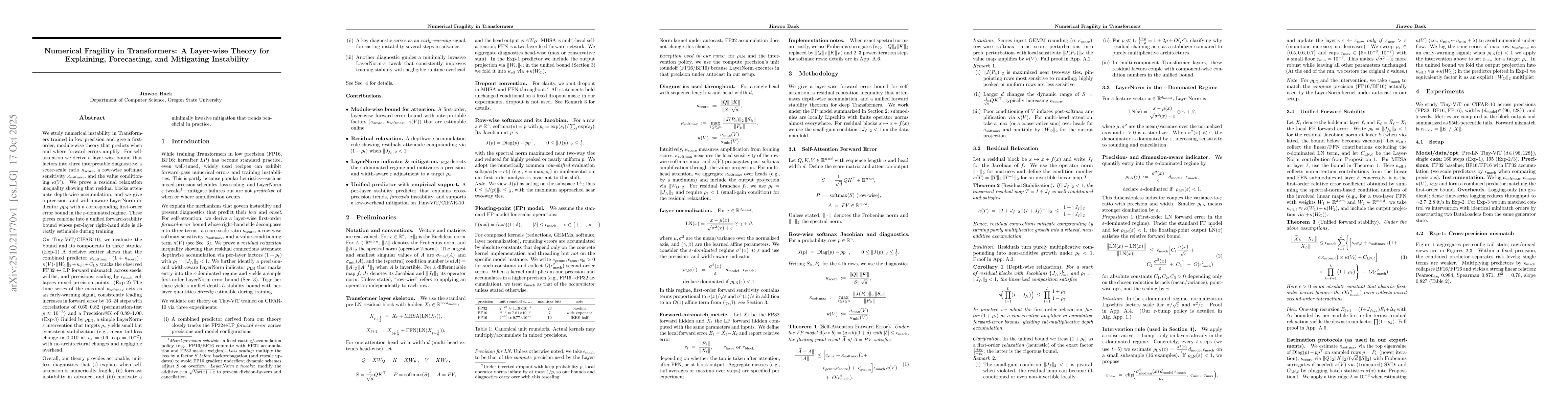 Thumbnail for Numerical Fragility in Transformers: A Layer-wise Theory for Explaining,
  Forecasting, and Mitigating Instability