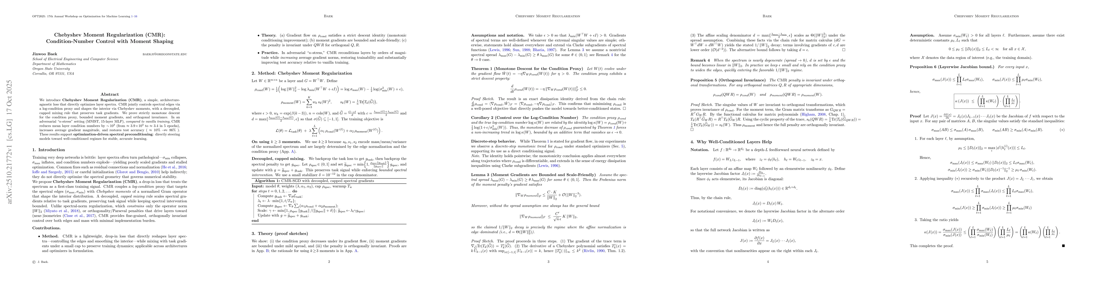 Thumbnail for Chebyshev Moment Regularization (CMR): Condition-Number Control with
  Moment Shaping