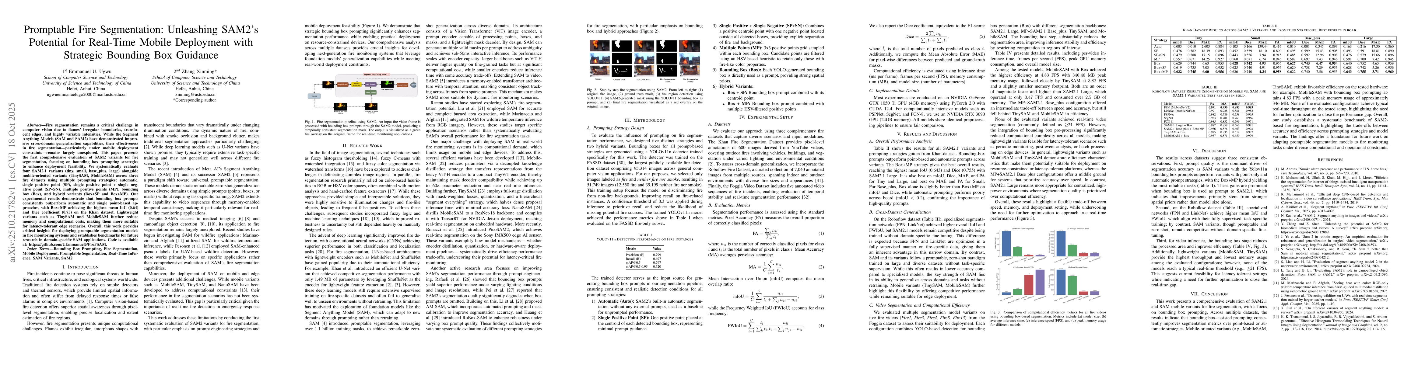 Thumbnail for Promptable Fire Segmentation: Unleashing SAM2's Potential for Real-Time
  Mobile Deployment with Strategic Bounding Box Guidance