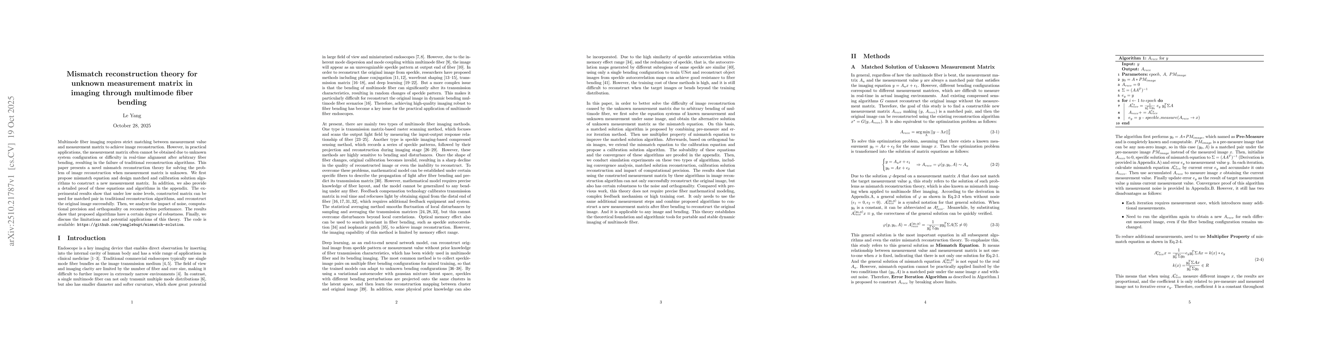 Thumbnail for Mismatch reconstruction theory for unknown measurement matrix in imaging
  through multimode fiber bending