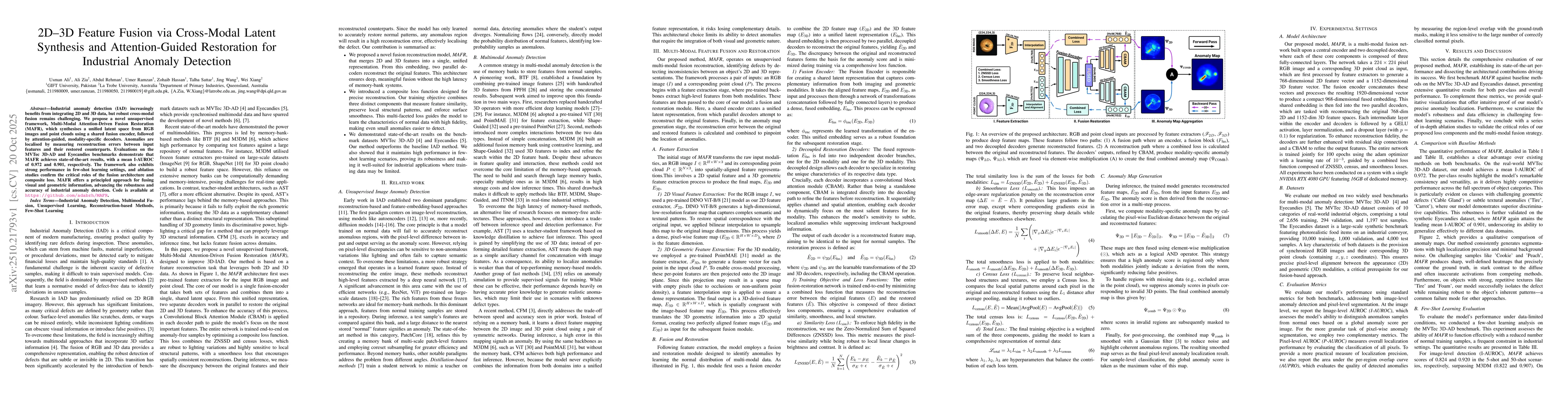 Thumbnail for 2D_3D Feature Fusion via Cross-Modal Latent Synthesis and Attention
  Guided Restoration for Industrial Anomaly Detection