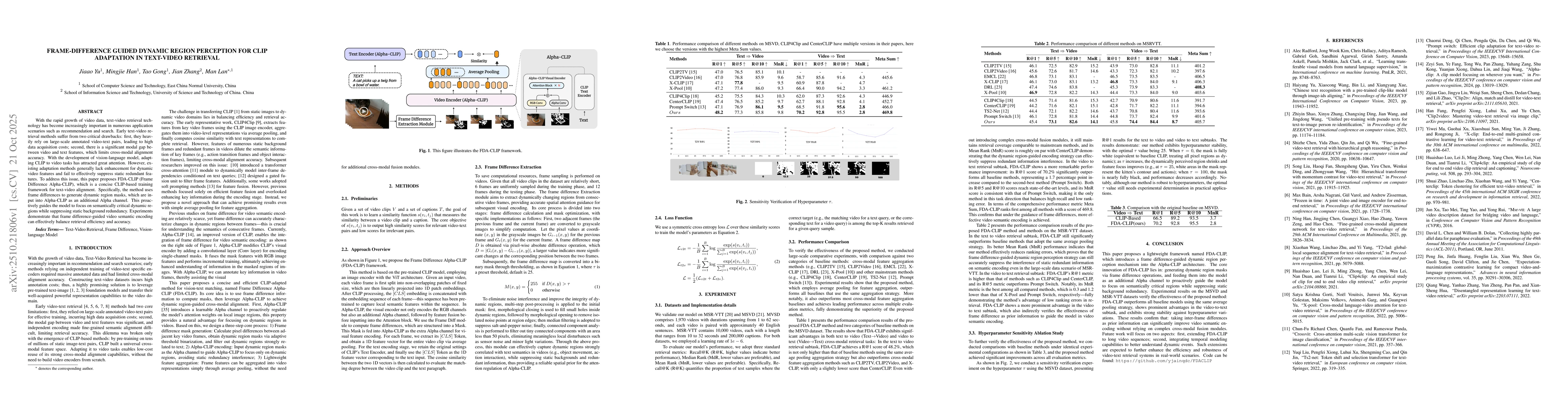 Thumbnail for Frame-Difference Guided Dynamic Region Perception for CLIP Adaptation in
  Text-Video Retrieval