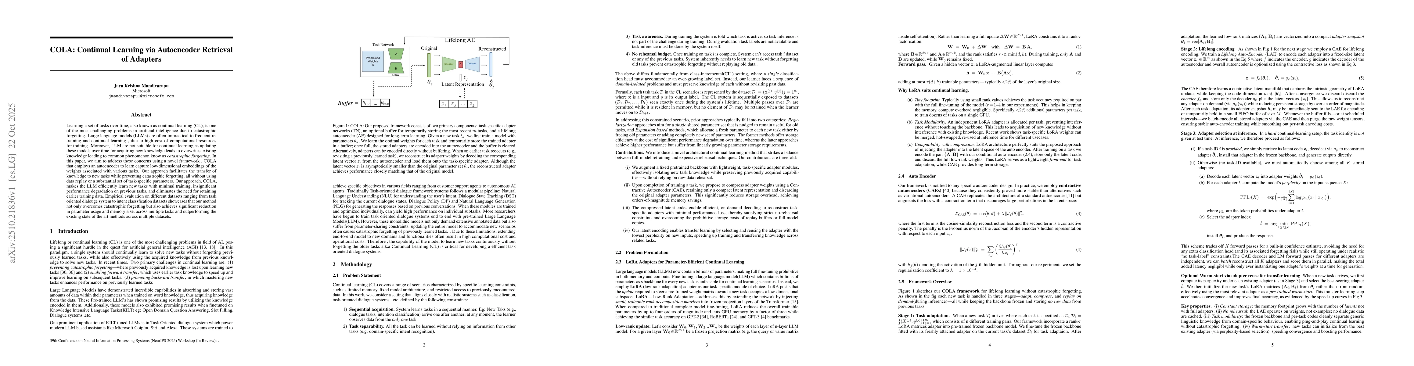 Thumbnail for COLA: Continual Learning via Autoencoder Retrieval of Adapters