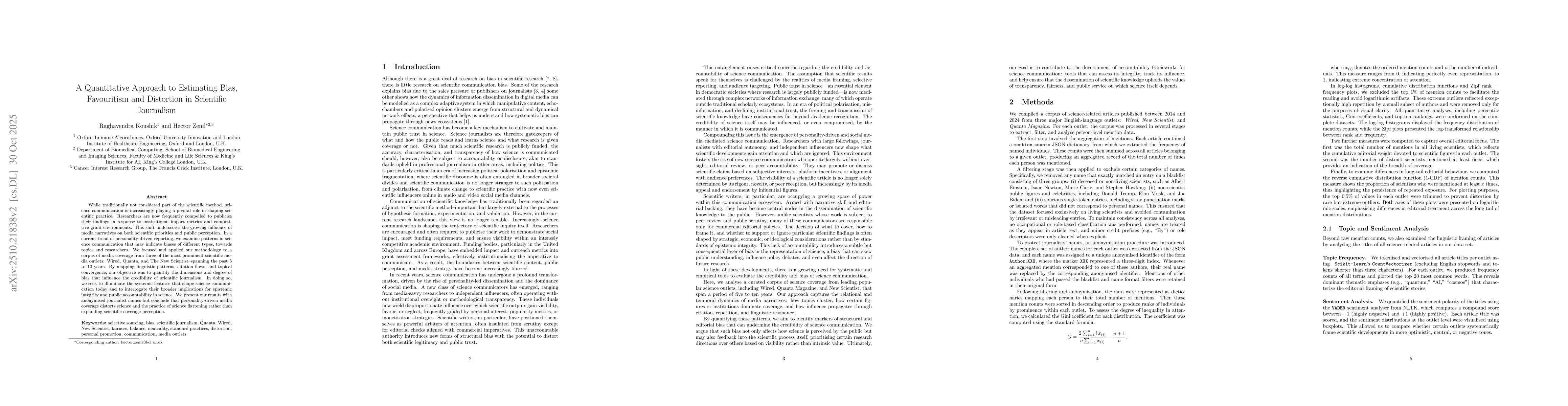 Thumbnail for A Quantitative Approach to Estimating Bias, Favouritism and Distortion
  in Scientific Journalism