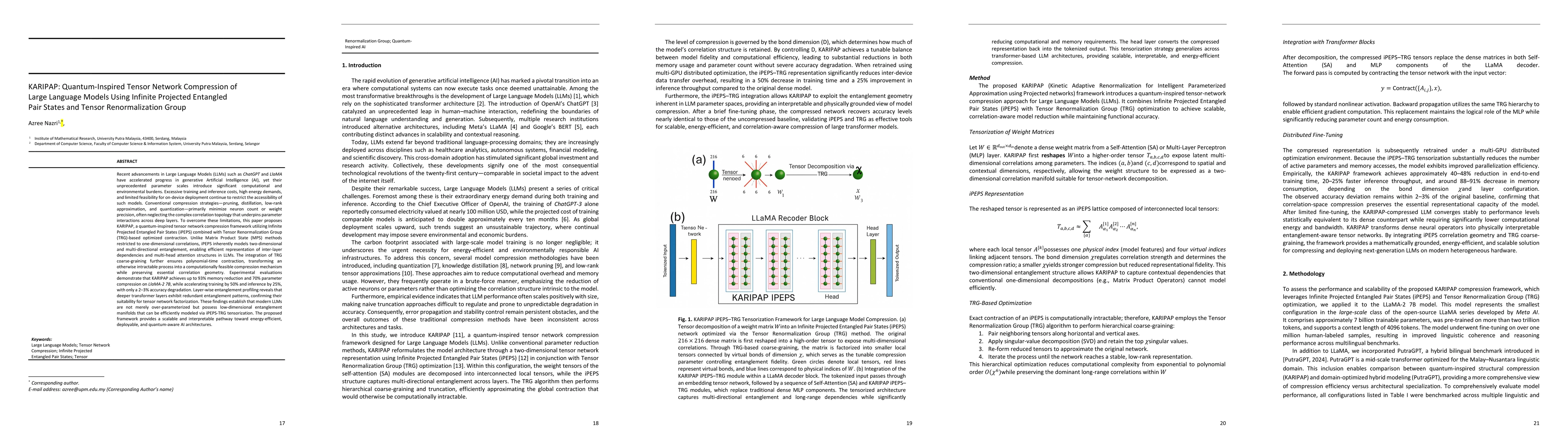 Thumbnail for KARIPAP: Quantum-Inspired Tensor Network Compression of Large Language
  Models Using Infinite Projected Entangled Pair States and Tensor
  Renormalization Group