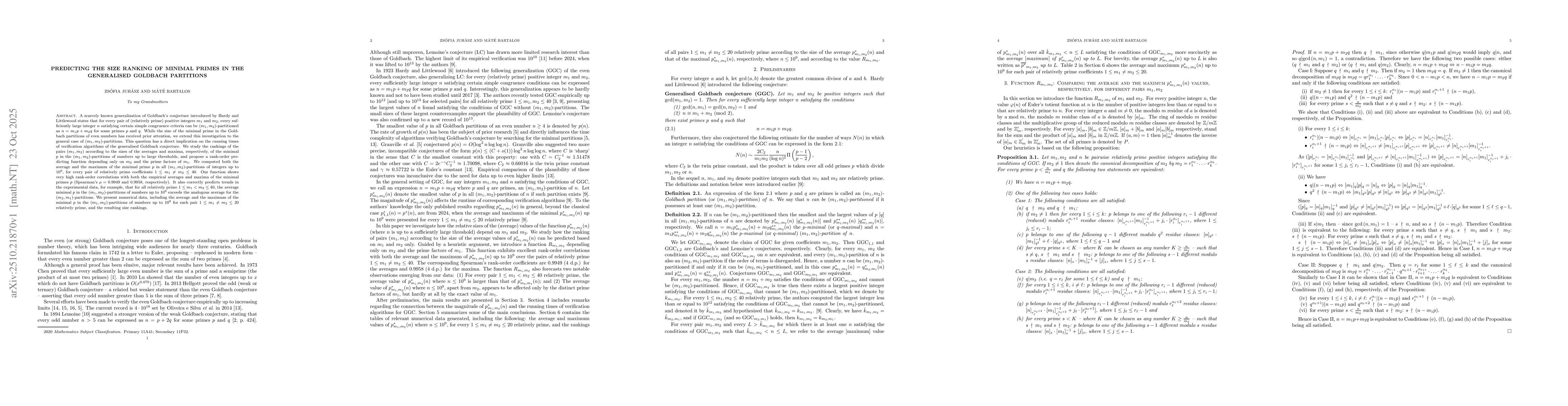 Thumbnail for Predicting the size ranking of minimal primes in the generalised
  Goldbach partitions